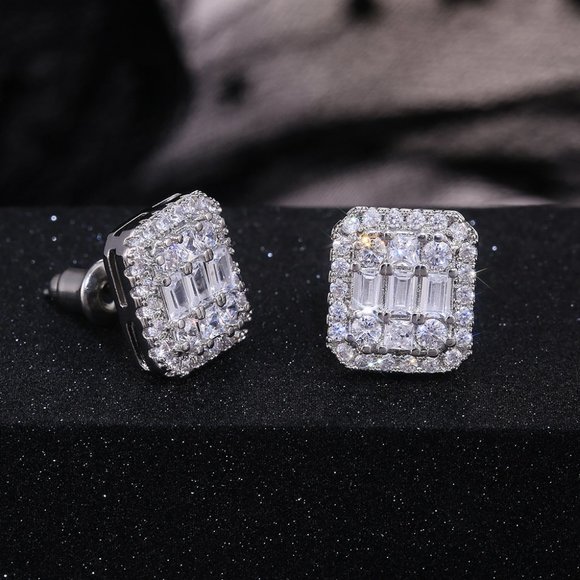 NEW Silver Baguette Round Diamond Stud Earrings - Picture 4 of 7